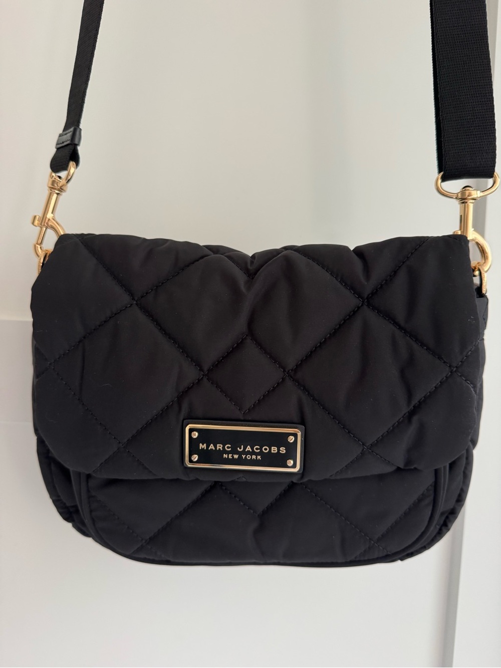 Marc Jacobs Black Quilted Crossbody with Black/Gold brand plate plaque.